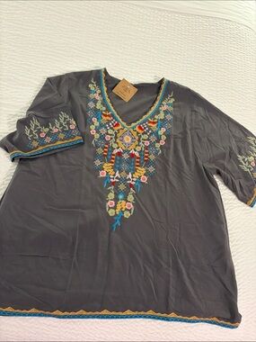 NWT Buddha Stones Gray Embroidered Top V-Neck. Large